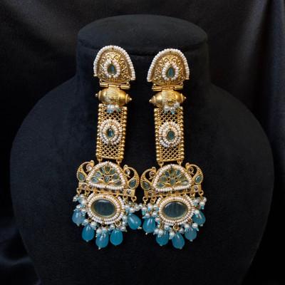 Banarashe Kashmiri Aqua Stone Emerald Crystal Alloy Jhumki Earring