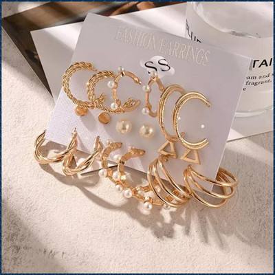 TVI Combo of 9 Pair Golden Triangle Pearl Stud / Twisted Hoop Earring For Women Pearl Alloy Hoop Earring