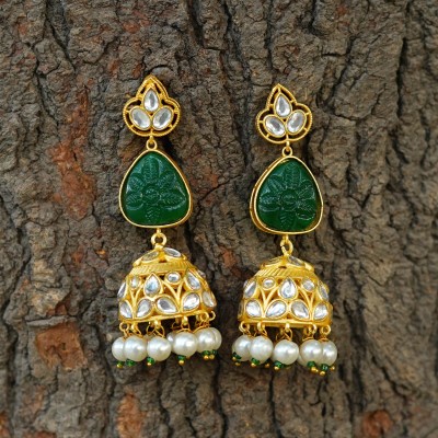 MANSIYAORANGE Tarditional Green Color Pearl AD Kundan Stone Jhumki Golden Earrings For Women Pearl, White Zircon Brass Jhumki Earring