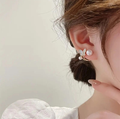 Saugaat Craft Korean Style White Butterfly With Pearl Stud Earring Pearl Alloy Drops & Danglers, Hoop Earring