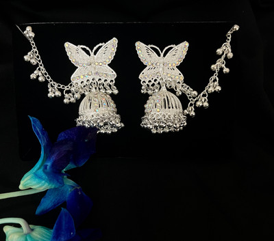 syneup Butterfly Elegance Jhumka Chain Earrings – Silver Sparkle Edition Alloy Jhumki Earring