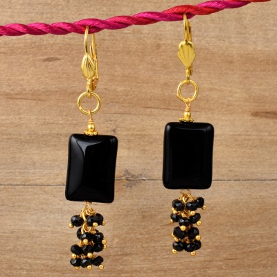 PearlzGallery Pearlzgallery's Black Agate in Rectangle Shape with Alloy gold earring for women Agate Alloy Drops & Danglers