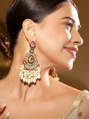 RUBANS Rubans 22K Gold Plated Multicolor Stone & Kundan Studded Chandbali Pearl Brass Chandbali Earring