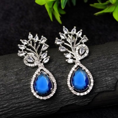 Zoey Dark Blue Rhodium-Plated American Diamond Drop Earrings Cubic Zirconia Brass Stud Earring, Drops & Danglers