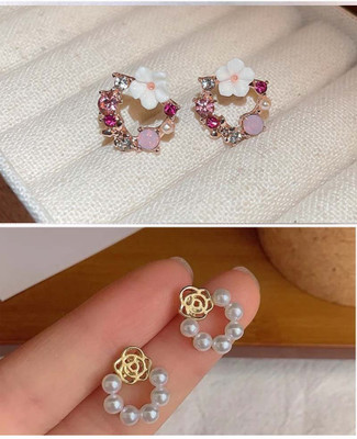 RV YUWON gold plated Combo of 2 Pink Fairy Stud and round minimal Earrings Cubic Zirconia, Pearl, Zircon, White Zircon Stainless Steel Drops & Danglers, Stud Earring