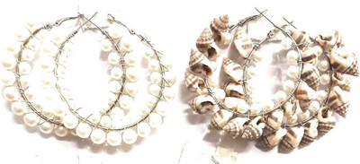 JMBW INTERNATIONAL JMBW SHELL & PEARLS-WORK EARR COMBO OF 2 PAIRS Pearl Alloy Hoop Earring