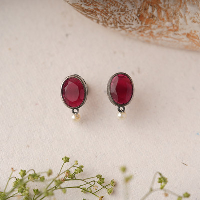 Sanseeta Boond- Silver Brass Stone Studded stud earrings(Red) Zircon Brass Drops & Danglers