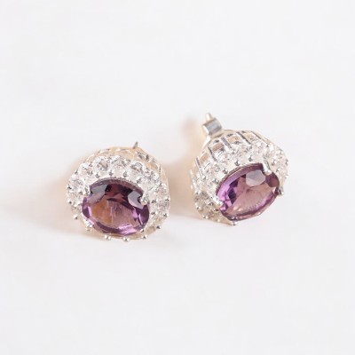 TheJewelrsh AMETHYST GEMSTONE CUBIC ZIRCONIA FASHIONABLE SILVER PLATED EARRINGS Amethyst Brass Stud Earring