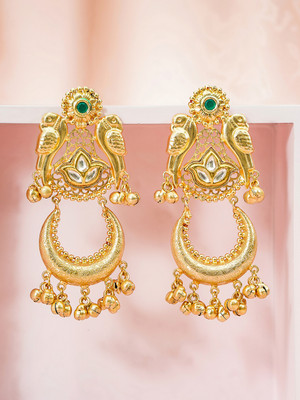 RUBANS 22K Gold-Plated Green Kundan & Golden Beads Oversized Chandbali Earrings Brass Chandbali Earring