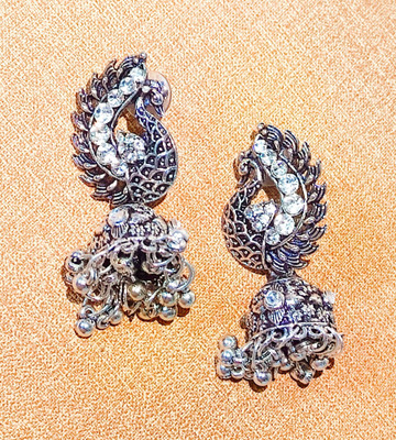 Adaah And Adorn Oxidised Earring With Peacock design Alloy Jhumki Earring