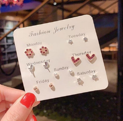 Vembley Colorful New Cute Trendy Heart & Bow Shapes Multiple Monday-Sunday Little Stud Alloy Hoop Earring