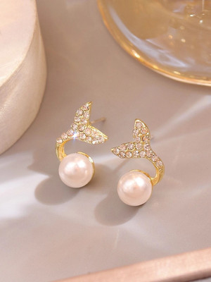 beyter Gold-Plated Beads & Stones Studded Fish Tail Stud Earrings Pearl Stainless Steel Stud Earring