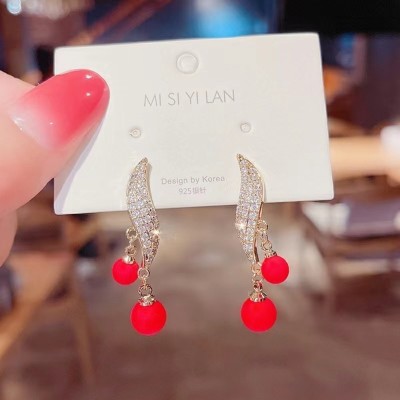 DESTINY JEWEL'S Stone Décor New Fashion Design High-End Imitation Drop Red Pearl Korean Earrings Pearl Alloy Drops & Danglers