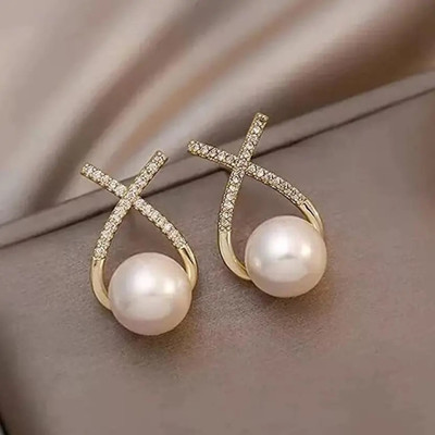 Shobha Devi Korean Diamond Cross Pearl Stud Earrings 2 Pcs/Set Alloy Stud Earring Alloy Stud Earring