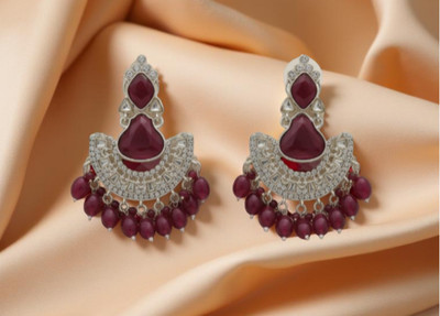 METROKARRT Traditional Women – Red & Clear Stone Dangle Jhumka Cubic Zirconia Alloy Jhumki Earring