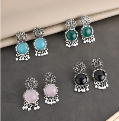 KIARAORNAMENTS Combo of 4 Oxidized Peacock Design Stud Earrings with Colorful Round Stones Alloy Earring Set