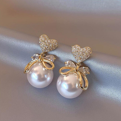 TheVineGirl Korean Studded Heart Bow Pearl Earrings For Women And Girls Alloy Stud Earring