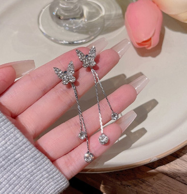AKISON JEWELS Long Tassel Diamond Butterfly Korean Earrings For Women Trendy Western Fashion Crystal, Diamond, Cubic Zirconia Alloy Earring Set, Drops & Danglers, Tassel Earring