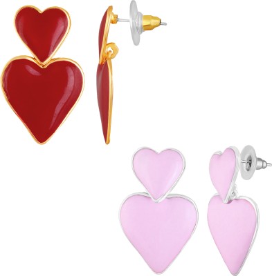 mahi Pink & Red Meenakari Work Dual Heart Drop Earrings Alloy Drops & Danglers