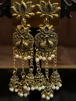 Shora Golden Oxidised Lotus Pearl Jhumki Earrings Alloy Drops & Danglers, Jhumki Earring, Earring Set