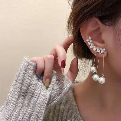 TheVineGirl Korean Zircon Studded Ear Cuff With Pearl Tassel Long Earrings 2Pcs/Set Metal Cuff Earring