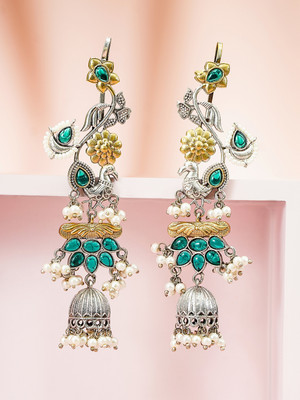 RUBANS Gold & Silver Plated Peacock & Floral Ear Cuff Earring with Green & Pearl Brass Jhumki Earring