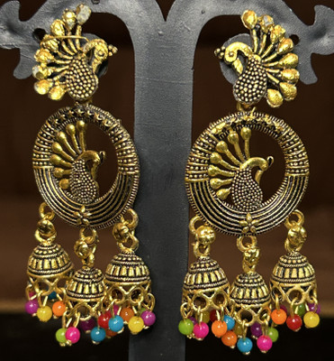 Shora Golden Oxidised Peacock Jhumka Earring Alloy Jhumki Earring, Earring Set
