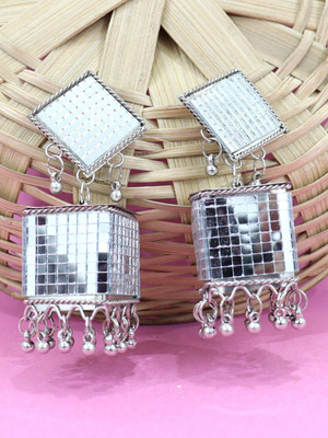 VAGHBATT Silver-Plated Mirror Work Square Shaped Oxidized Jhumkas Enamel Jhumki Earring