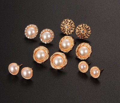 Thrillz Delicate Gold Plated Pearl & AD Floral Stud Earrings For Women Girls Combo of 6 Pearl Alloy Earring Set