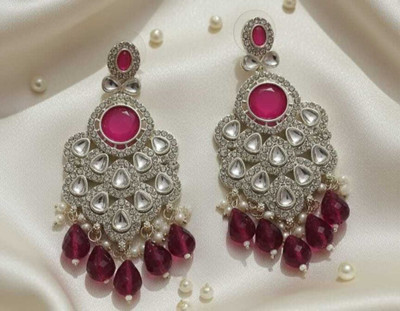 pas Unique dark pink silver Stone Jhumka Earrings for girls & women for party wear Cubic Zirconia, Crystal, Beads Alloy Plug Earring, Jhumki Earring, Earring Set, Drops & Danglers, Chandbali Earring