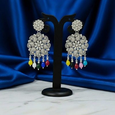 DM Creations Silver Filigree Floral Statement Earrings with Multicolor Beaded Drops Beads Brass Drops & Danglers