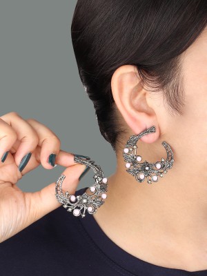 Rhosyn Designer Stylish Korean Black Plated Chandbali Hoop Earrings Cubic Zirconia Alloy, Stone, Brass Chandbali Earring
