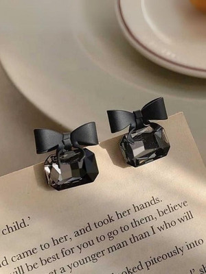 MAHADEV CREATION Black Bow Studs Korean Earrings Crystal Alloy Stud Earring
