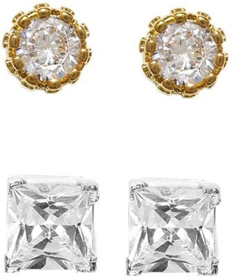 Oomph Combo of 2 Pairs of Gold & Silver Tone Round & Square Cubic Zirconia Earrings Cubic Zirconia, Crystal, Zircon Alloy Stud Earring