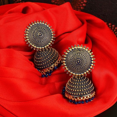 Fashion Frill Women Girls Earrings Artificial Jewellery Partywear Blue Coloured Earring Pearl Brass Jhumki Earring