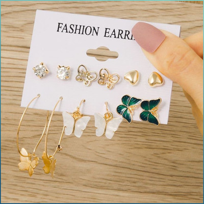 JDENTERPRISES Combo of 6 Pair Golden Heart Stone Stud/Butterfly Hoop Earrings For Women/Girls Cubic Zirconia Alloy Hoop Earring