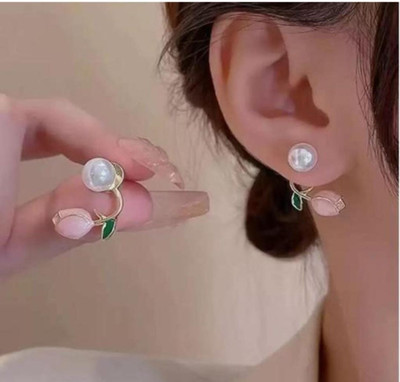 Aaruhi Creation New western Lotus Flower Pearl studs earrings for Women and Girls Alloy Stud Earring