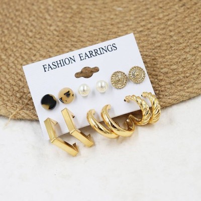 FFSTYLE SET OF 6 Gold Metal Earrings Set Fashion Geometric Circle Drop Earrings Alloy Earring Set, Stud Earring, Ear Thread