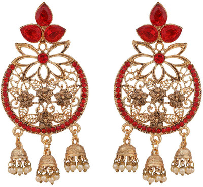 Styylo Jewels Stylish 3 Jhumki Gold Plated Red Stone Studded Traditonal Earring_SJ Cubic Zirconia Brass Chandbali Earring