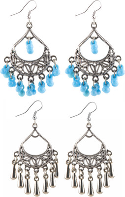 Jamleen Gallery Combo Silver Oxidize Sky Blue & Silver Strings Beads Earrings for Girls Alloy Drops & Danglers