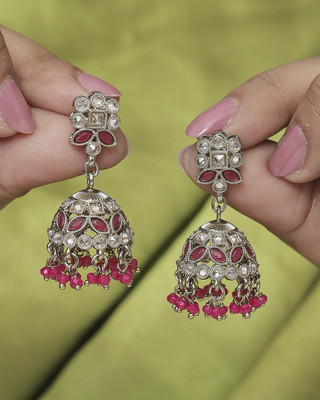 Saloni Fashion Jewellery Round and Pear Shape Silver Plated Pearl Ruby Kundan Stone Jhumki Earring Cubic Zirconia Alloy Jhumki Earring