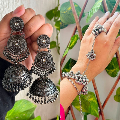 ISLANA combo of 2 Oxidised jhumki Earrings and opanebal bracelet for women and girls Alloy Jhumki Earring