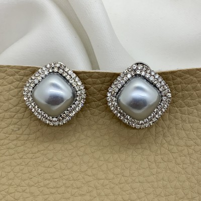 Neeara Fashion Pearl Grey Korean Studs Earrings with Zircon AD Stone for Girls and Women | Alloy Stud Earring