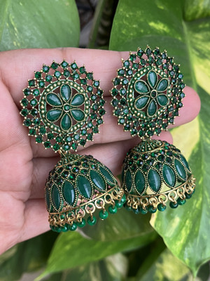 MD HUBS STORE Traditional Moti Stone Luxury Unique Festival Wedding jhumkas Color(Green) Pearl, Diamond, Cubic Zirconia, Zircon, Crystal Metal Jhumki Earring