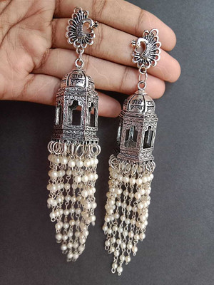 kalakarihand Oxidized Silver Radhe Krishna Dome Jhumka Earrings with Pearl Beads Alloy Jhumki Earring