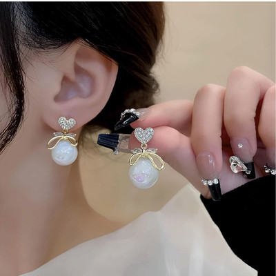 APSLERRY Korean Trendy Bow Pearl Mermaid Pearl Crystal Heart Shape Earring Alloy Stud Earring