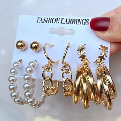 Vembley Multi Designs Floral Drop Earrings For Women And Girls Pair of 6 Pearl Set Pearl Alloy Earring Set