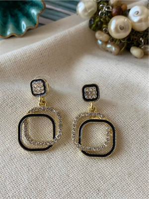 neze NZ 52 Stud Dangle Embedded Zircon Earrings Gold Tone & Black Geo Square Alloy Drops & Danglers