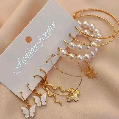 Vembley Combo of 5 Pair Golden Butterfly Snake Pearl Hoop Earrings For Women And Girls Pearl Alloy Hoop Earring