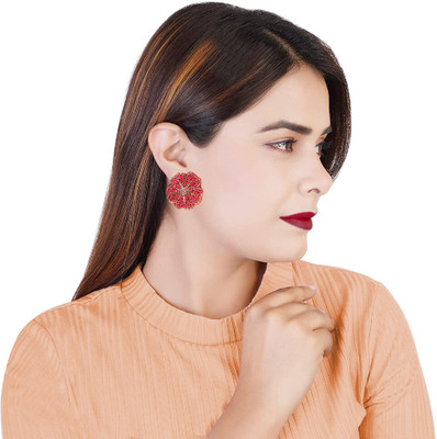 University Trendz Handmade Red Floral-Beaded Stud Earrings For Women/Girl's Alloy Stud Earring